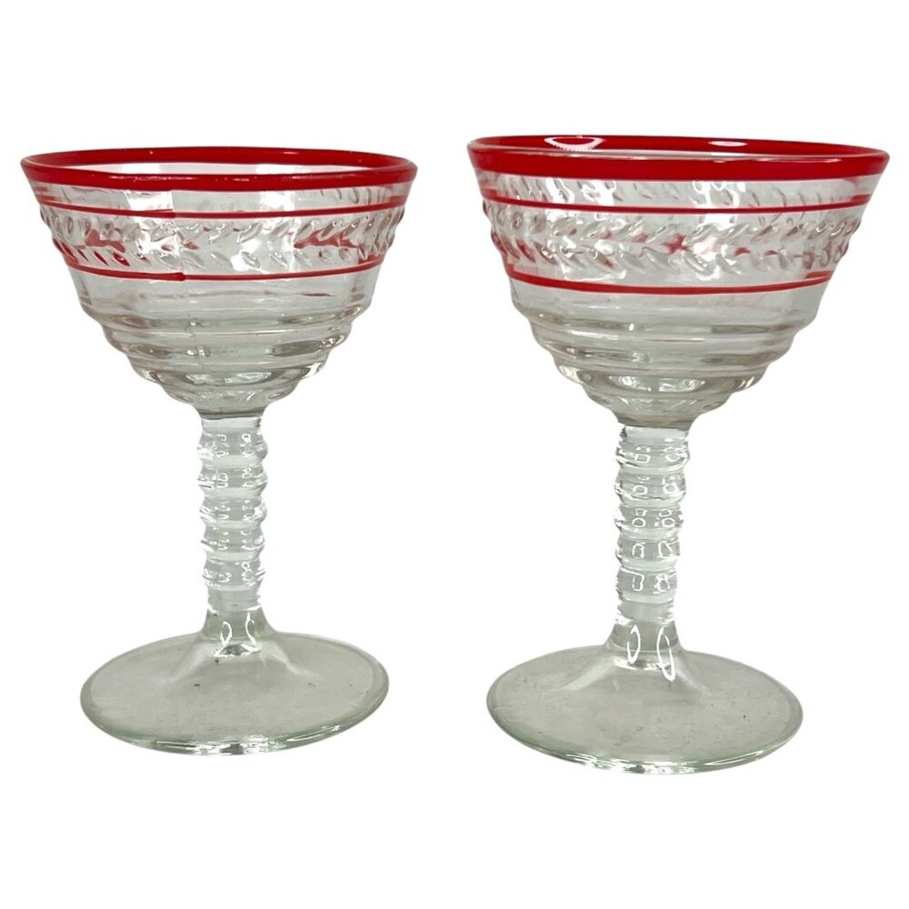 2 Vintage Etched Glass Goblets Red Rim Stripe Wine Cordial Bubble‎ Stem Set pair